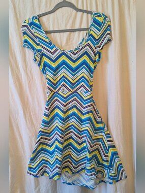 Rue21 Cotton Chevron Mini Dress in Blue, Yellow, and White Medium Open Back
